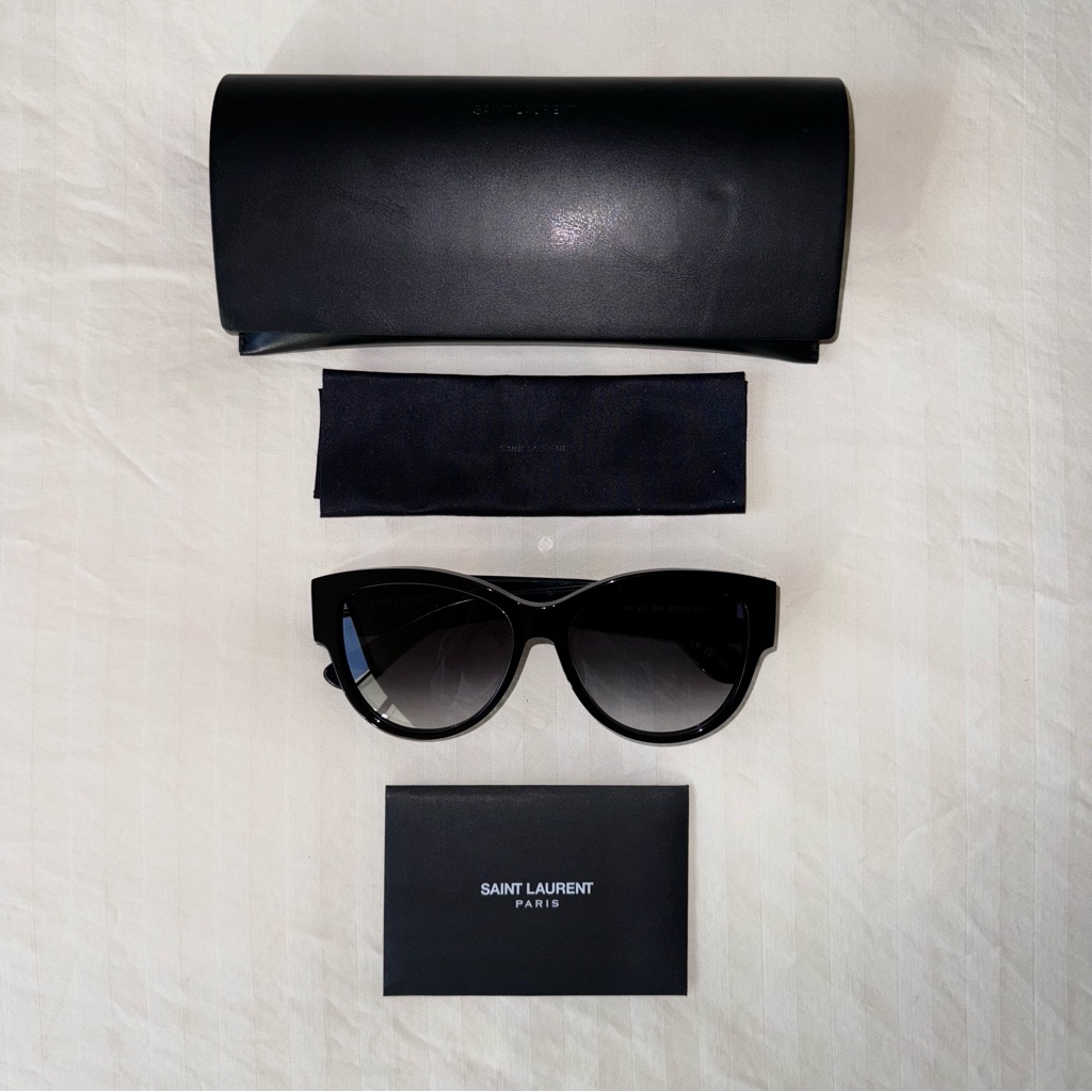 Saint Laurent Ysl Logo Oversized Black Gray Round Cateye Sunglasses With Case